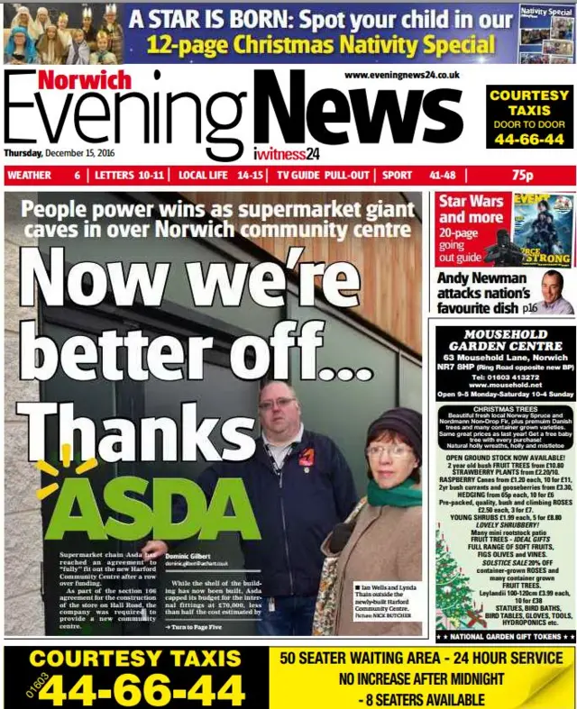 Front page of Norwich Evening News