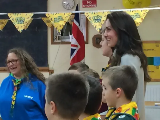 The Duchess of Cambridge with Cub Scout leader and young Cubs