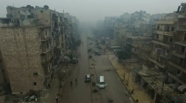 A still image from video taken December 13, 2016 of a general view of bomb damaged eastern Aleppo