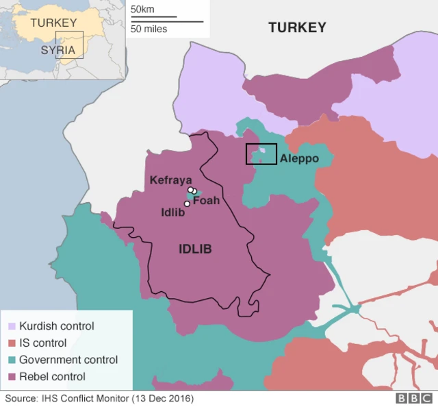 Map showing location of Aleppo, Foah and Kefraya