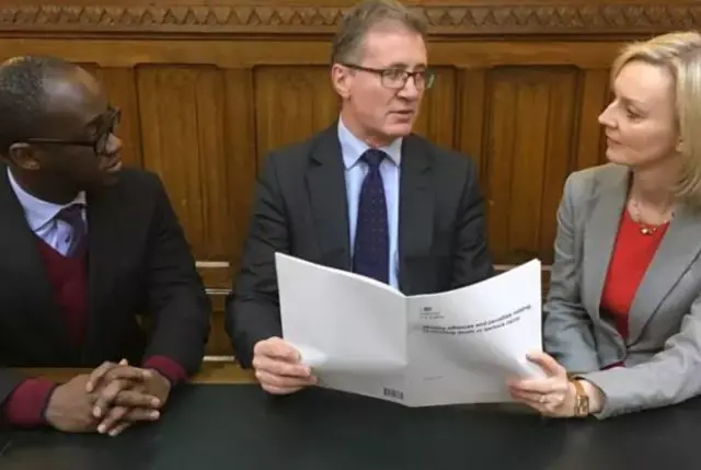 Mark Pawsey MP (centre) discussed the proposals for tougher sentences for dangerous drivers with the Secretary of State for Justice, the Rt. Hon. Elizabeth Truss MP (right) and Parliamentary Under Secretary of State for Prisons and Probation, Sam Gyimah MP