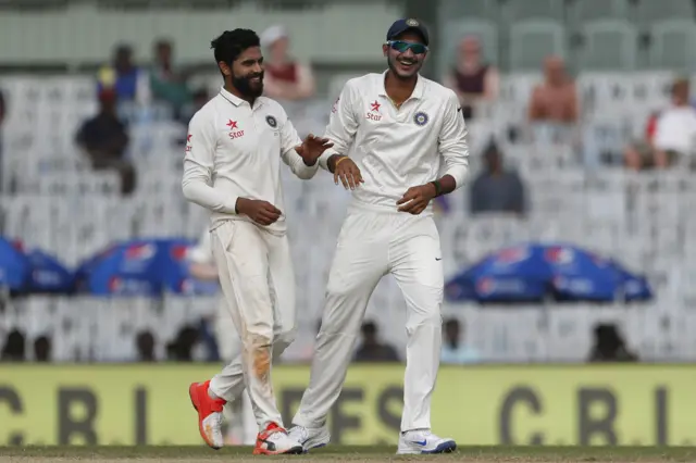 India's Jadeja celebrates Stuart Broad's wicket