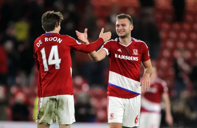 Boro players celebrate at full time