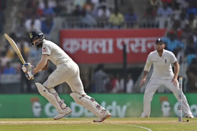 India's Rahul plays a shot on the leg side