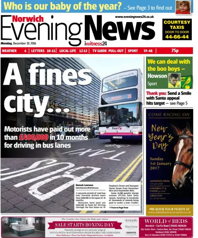 Front page of the Norwich Evening News