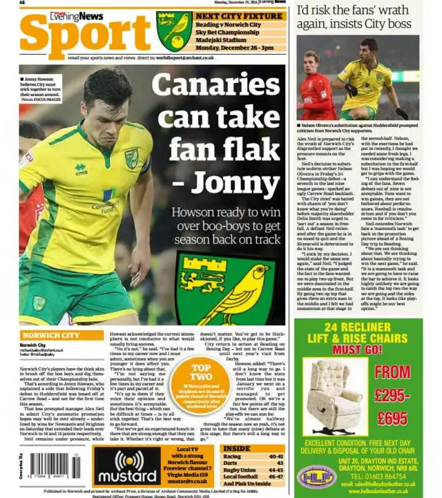 Back page of the Norwich Evening News