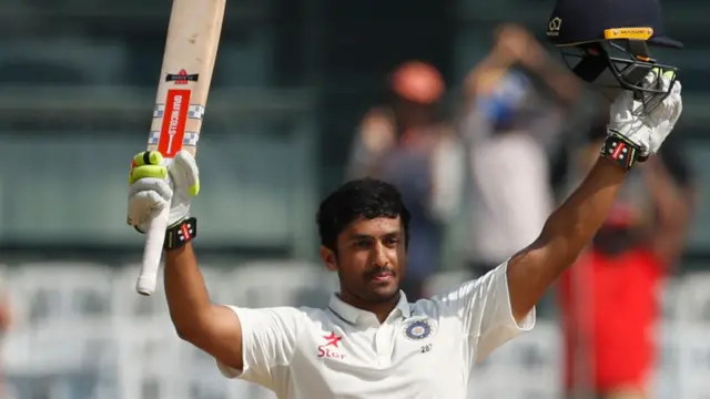 Karun Nair celebrates after scoring century