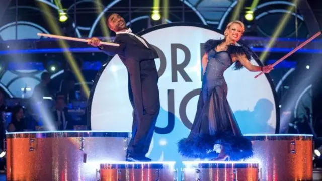 Oduba's show dance involved dancing precariously on a giant drum kit