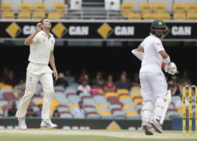 Josh Hazlewood reacts to Pakistan's Yasir Shah