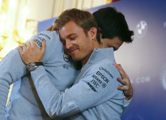 Nico Rosberg of Germany hugs Mercedes Executive Director Toto Wolff