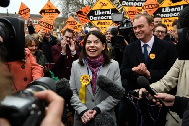 Liberal Democrat leader Tim Farron (R) and Sarah Colney