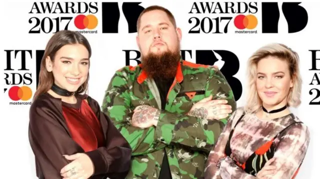 (left-right) Dua Lipa, Rag N Bone Man and Anne-Marie