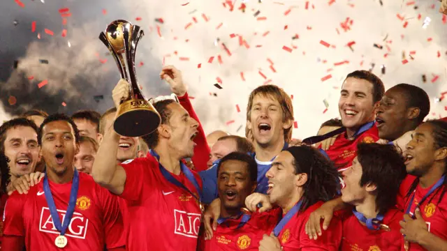 Manchester United celebrate winning the Club World Cup in 2008