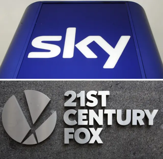 A composite image of a file photo dated 03 March 2011 showing a company sign at the entrance to a Sky television building (up) in Osterley, London, Britain, and the sign at the offices of "21st Century Fox" (bottom) in New York, New York, USA, on 09 December 2016