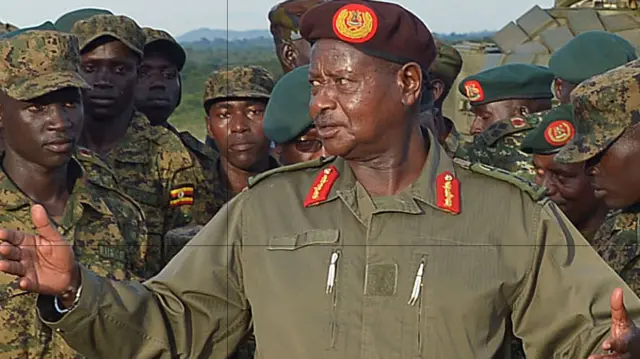 President Yoweri Museveni in army fatigues