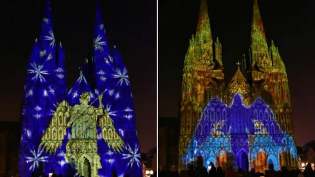 Lights being projected on Lichfield Cathedral