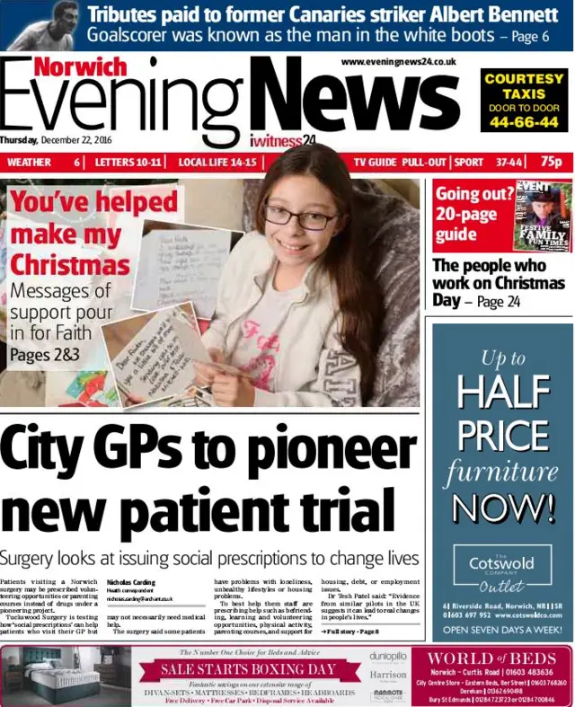 Front page of Norwich Evening News