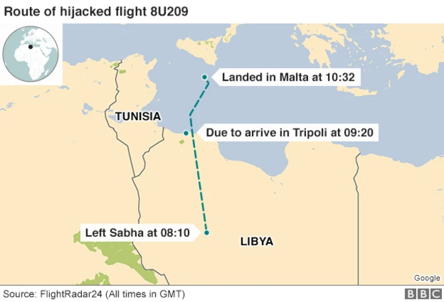 Map showing the hijacked plane's flight path from Libya to Malta