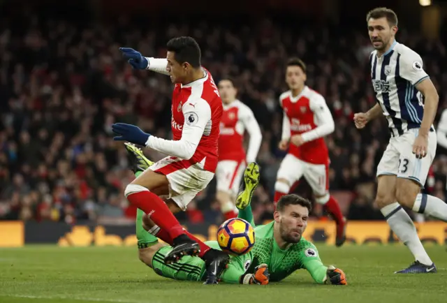 West Brom keeper Ben Foster saves Sanchez's shot