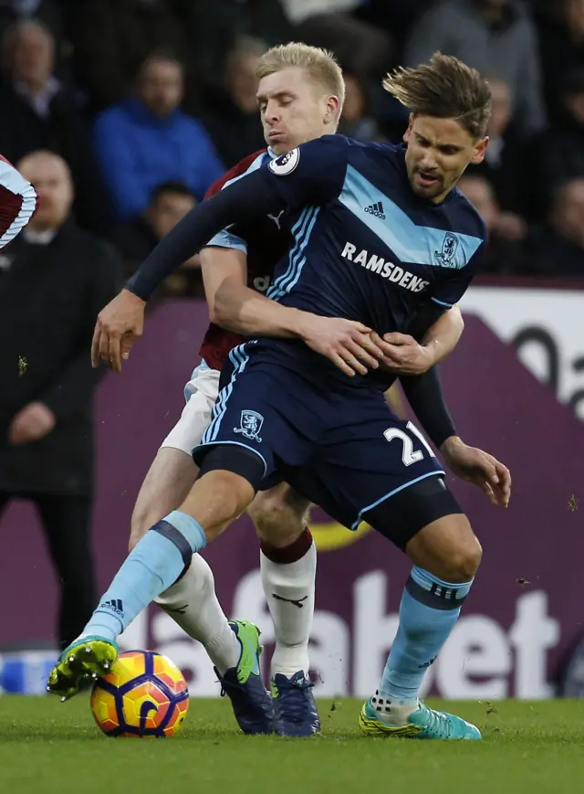 Middlesbrough"s Gaston Ramirez in action with Burnley"s Ben Mee