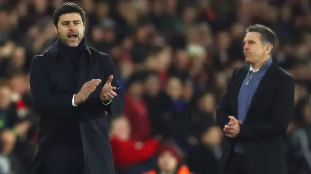 Mauricio Pochettino manager of Tottenham Hotspur reacts as Claude Puel manager of Southampton