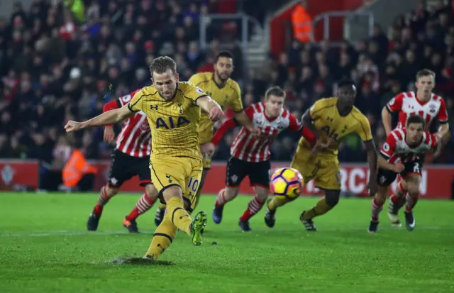 Harry Kane of Tottenham Hotspur misses a penalty