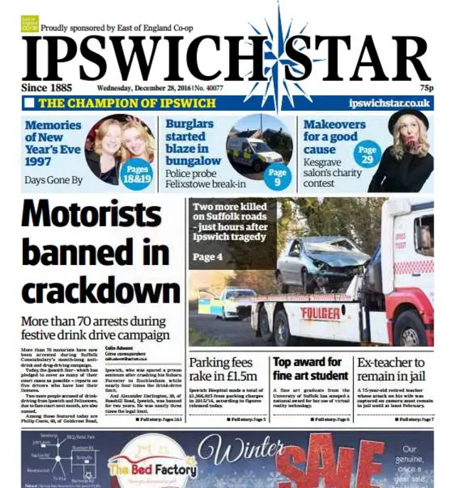 Front page of Ipswich Star