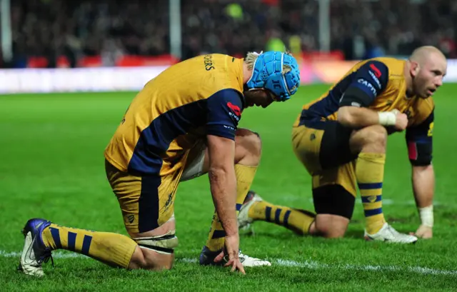 Jordan Craine of Bristol Rugby(L) cuts a dejected figure during the Aviva Premiership match between Gloucester