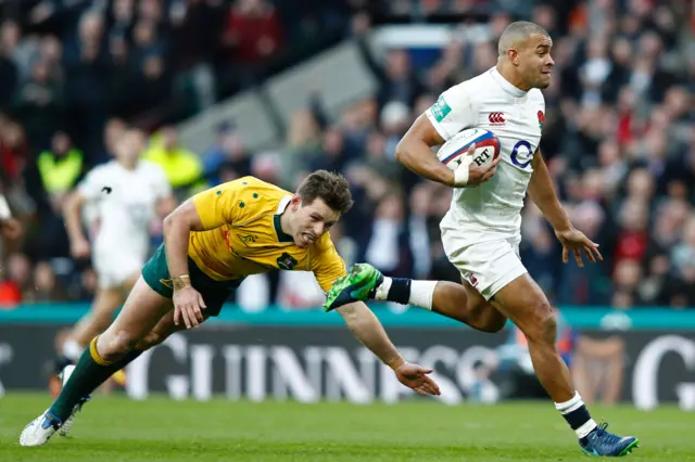 Jonathan Joseph slips Bernard Foley for England's first try