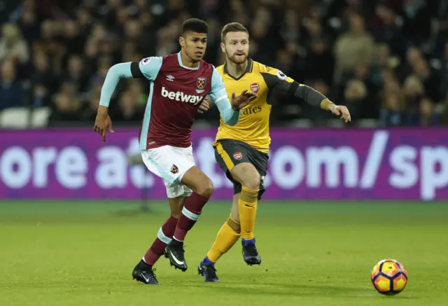 West Ham United"s Ashley Fletcher in action with Arsenal"s Shkodran Mustafi Action