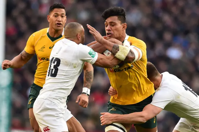 Lopeti Timani is tackled by Owen Farrell