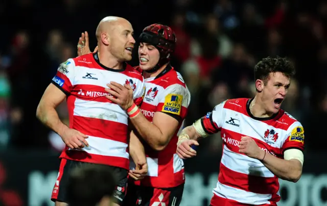 Will Heinz of Gloucester Rugby (L) celebrates his try during the Aviva Premiership match between Gloucester Rugby and Bristol