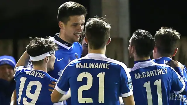 Adam Lecky celebrates scoring for Ballinamallard against Portadown