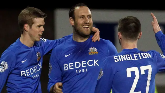 Guy Bates celebrates scoring the opening goal at Mourneview Park