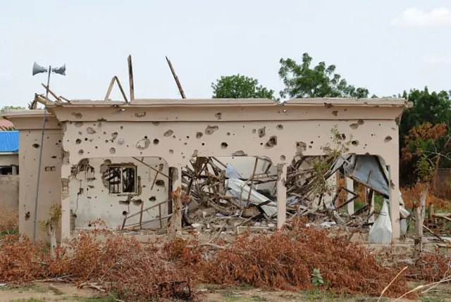 This photo taken on June 30, 2016 shows bullet impacts onto an abandoned building, following attacks by Boko Haram islamist group highters in Bama town, in the outskirts of Maiduguri capital of Borno State, northeastern Nigeria.