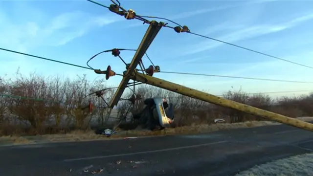 Powerline on the road with car in a ditch