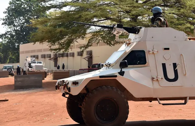 UN peacekeepers on patrol outside in Bangui in CAR