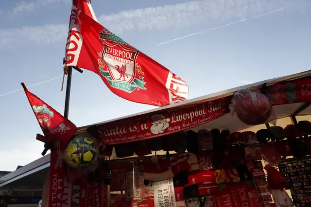 Liverpool merchandise for sale outside Anfield Stadium