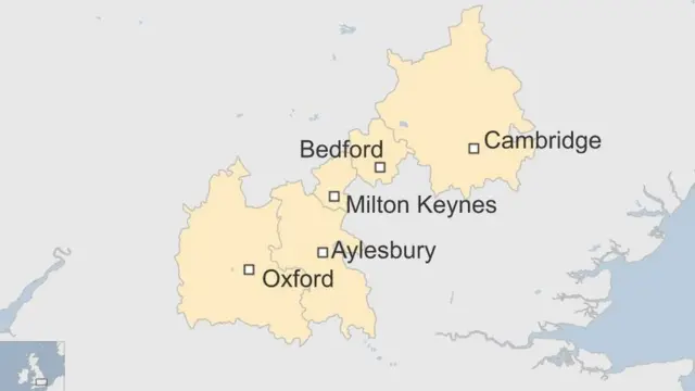 Map shows where rail line will go through Cambridge, Bedford, Milton Keynes, Aylesbury and Oxford