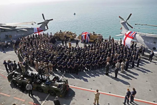 Theresa May on board HMS Ocean. Pic: Reuters