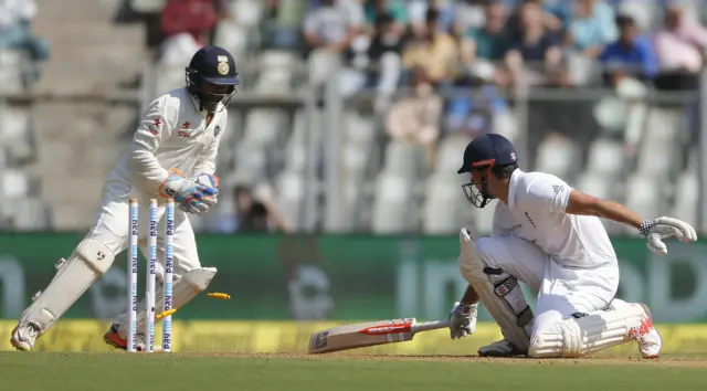 Indian wicketkeeper Parthiv Patel successfully stumps out England's captain Alastair Cook