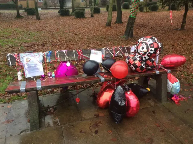 The scene in Kirkella this morning at "Jessica's Bench" with balloons attached to the bench