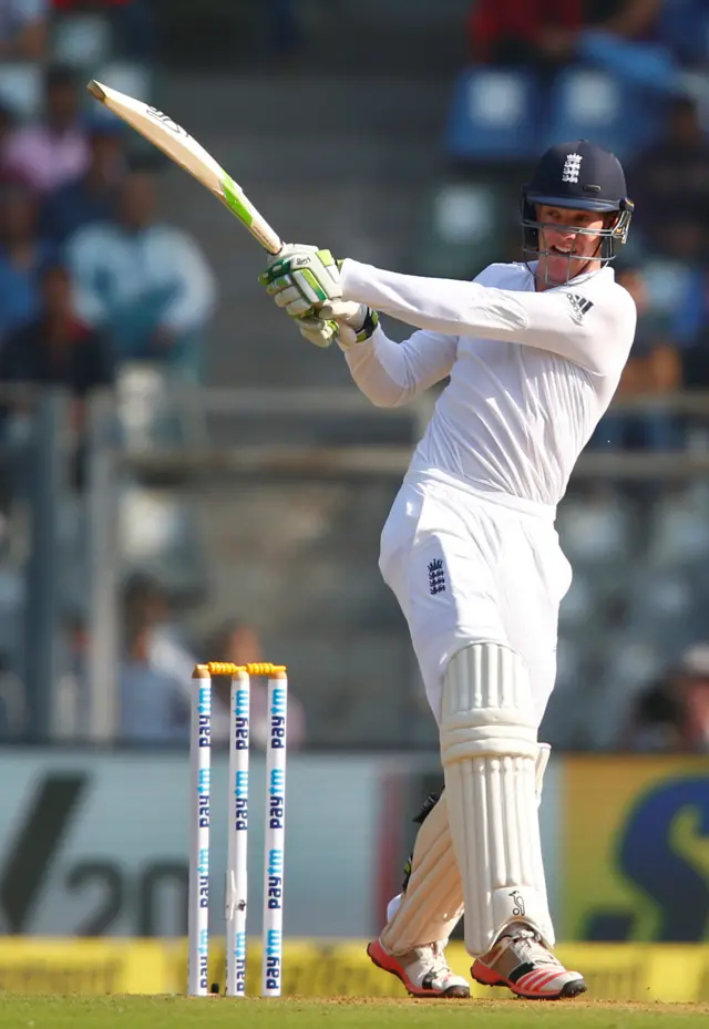 England's Keaton Jennings plays a shot in Mumbai