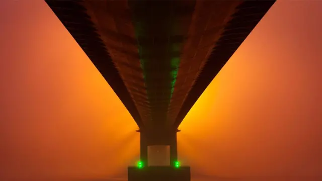 Humber Bridge from below in the mist