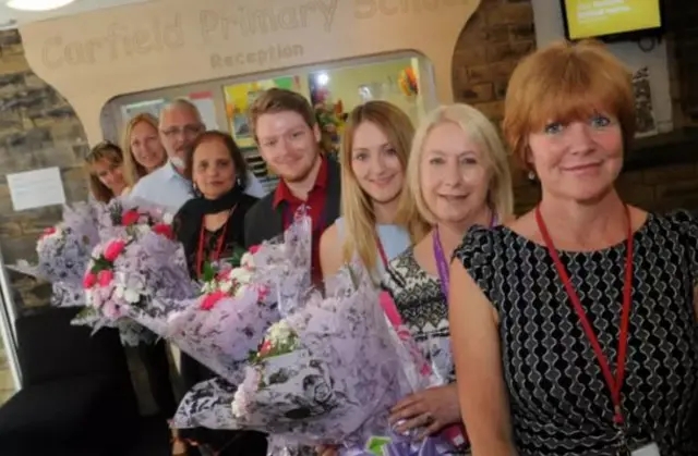 Carfield Primary School headteacher Lorna Culloden with staff who were leaving in 2015