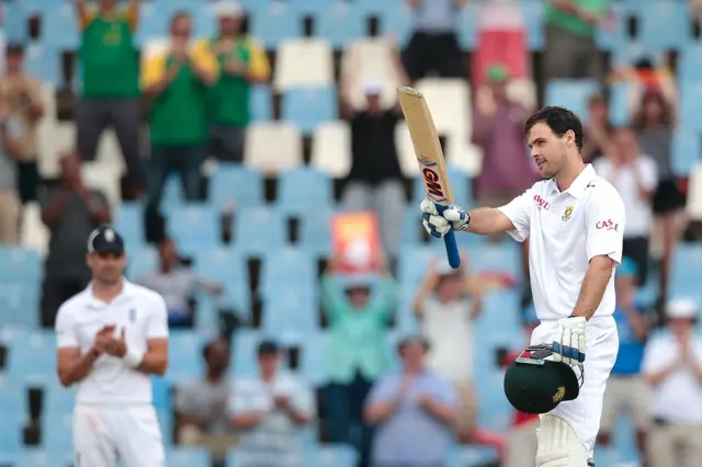 Stephen Cook celebrates his century against South Africa in January 2016