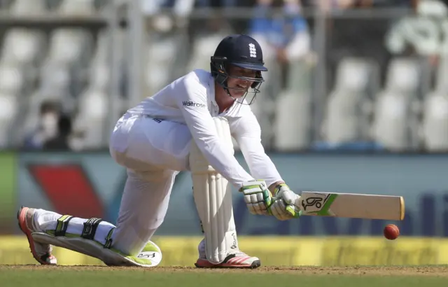 Keaton Jennings plays a shot for England