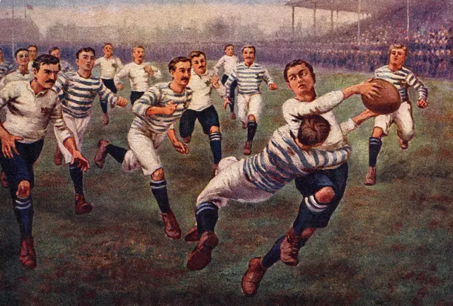 Vintage postcard illustration of an Oxford University v Cambridge University Varsity rugby match, circa 1910