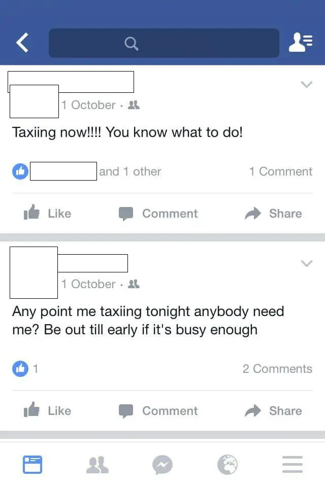 Facebook post touting unlicensed taxi business