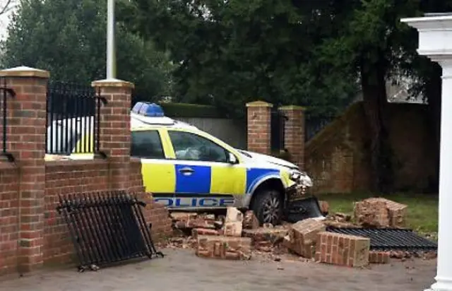 The Police car where it stopped through the wall on Andover road